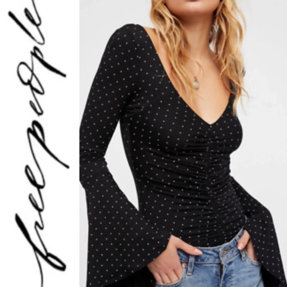 💫 FREE PEOPLE What A Babe Top Black with White Polka Dot Bell Sleeve Blouse NWT - Picture 15 of 15